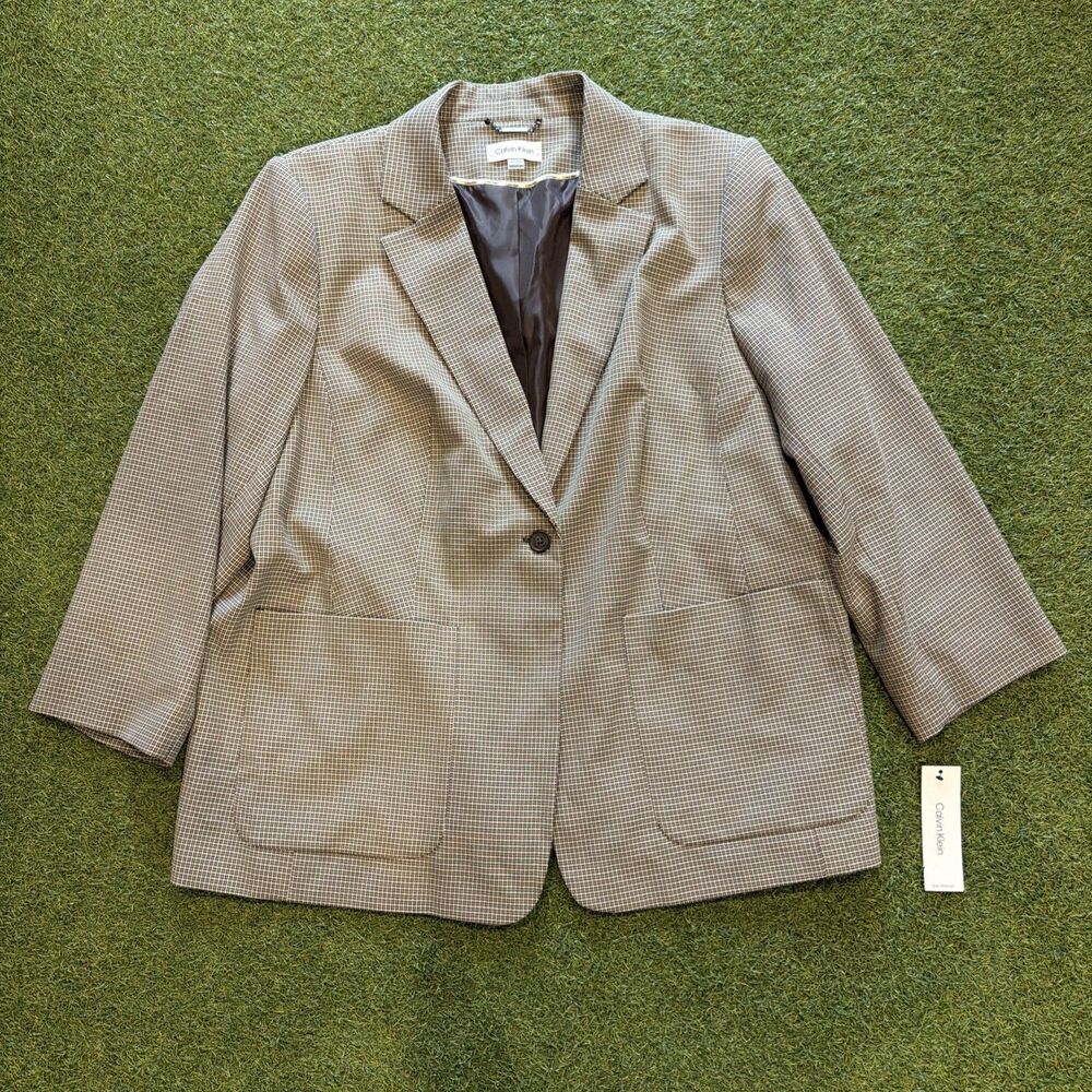Calvin Klein Womens Brown Houndstooth Grid Plaid Blazer Jacket Single Button 24W